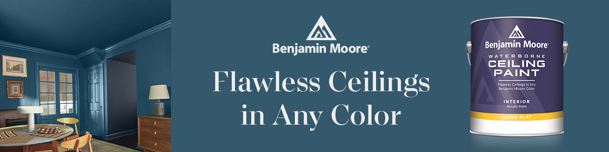 Benjamin Moore Waterborne Ceiling Paint in ultra flat finish website banner and dark blue painted walls and ceiling room