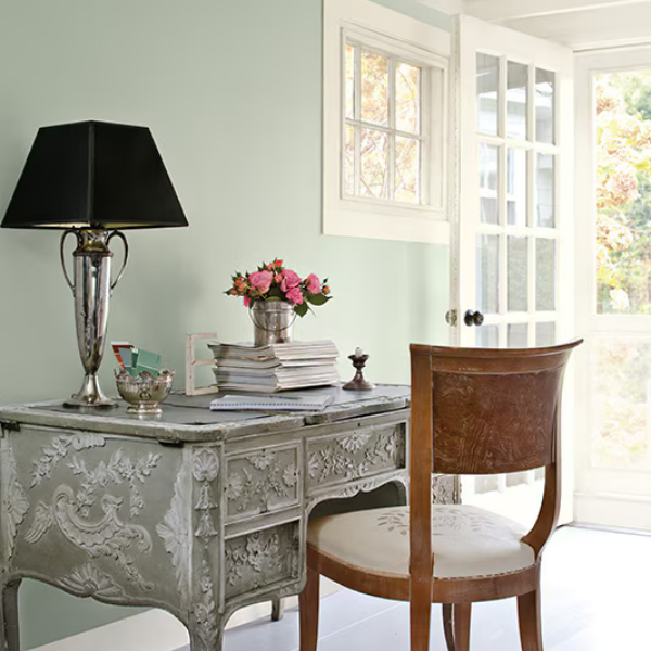 A classy home study with walls painted in Benjamin Moore Affinity Color Collection paint