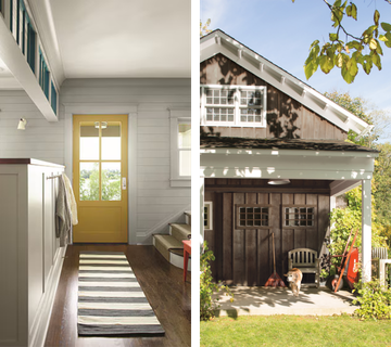 Split view photos of a cozy home entryway next to a home exterior, both painted with Benjamin Moore paint lines